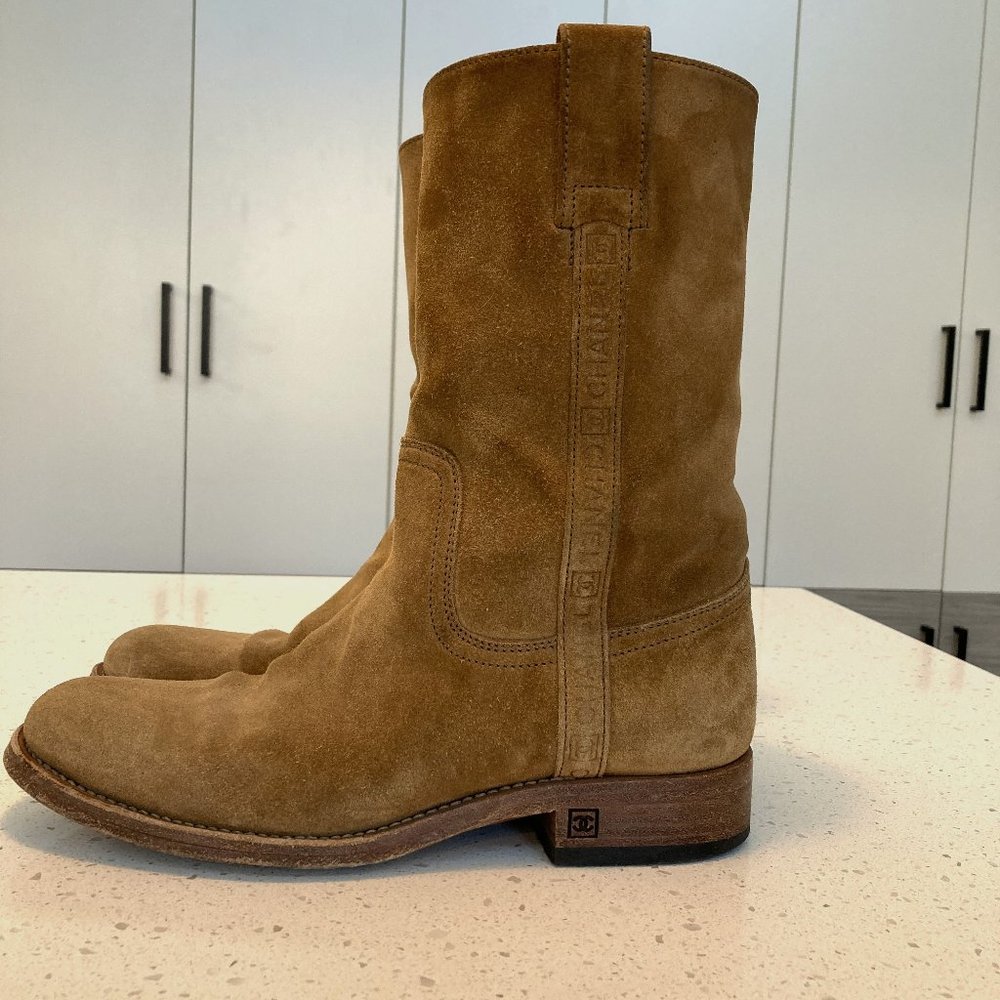 Womens Chanel Suede Mid Calf Boots in Camel
